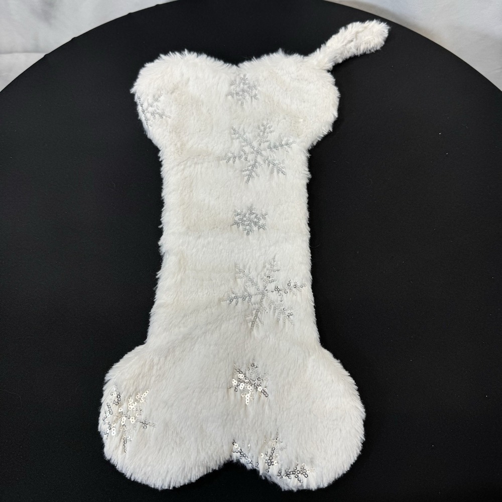 Dog Bone Holiday Stocking White With Silver Snowflakes‎